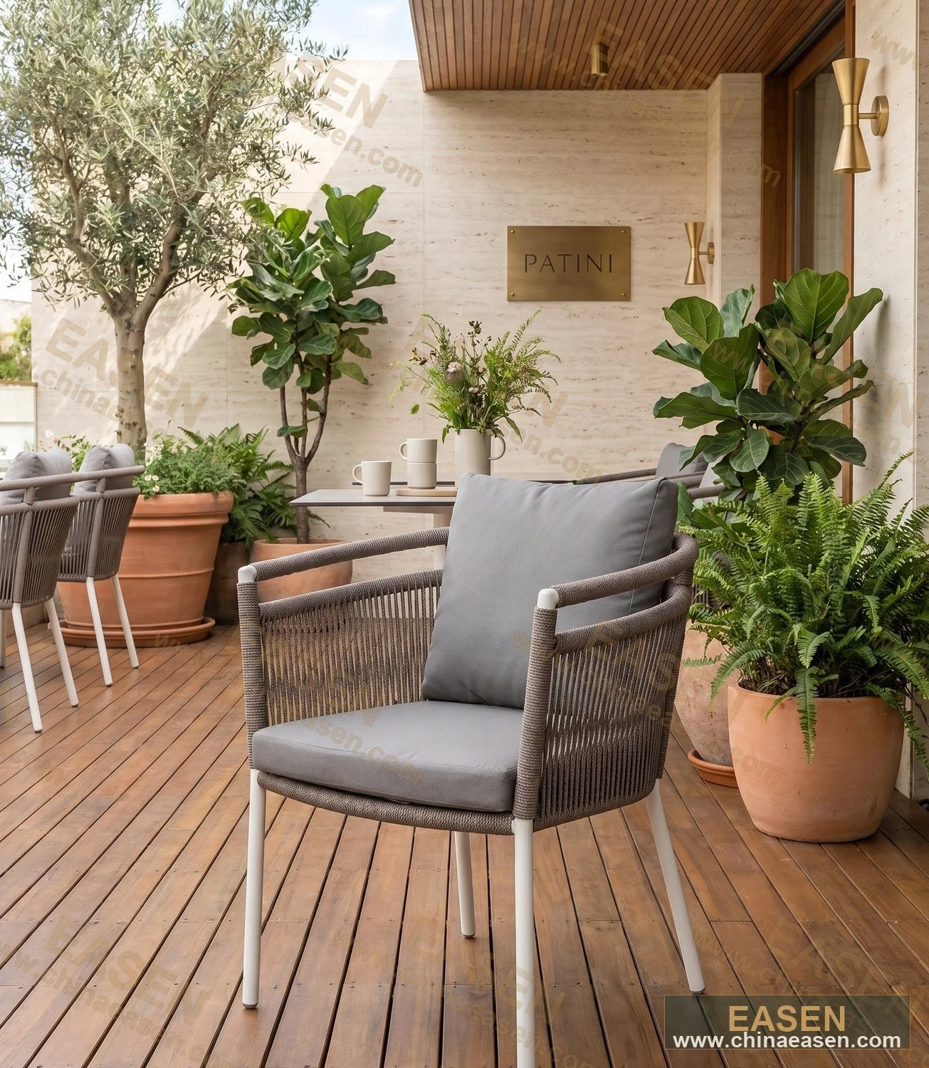 YS-O001 — White-Frame Brown Rope Chair